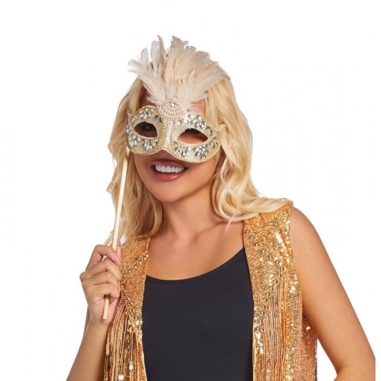 Gold Feather Masquerade Stick Mask Gold Feather Masquerade Stick Mask