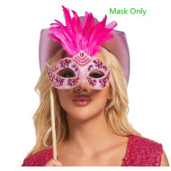 Hot Pink Feather Masquerade Stick Mask