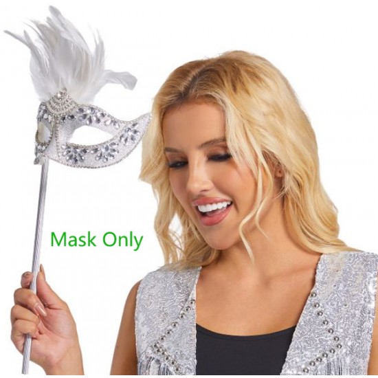 Silver Feather Masquerade Stick Mask Silver Feather Masquerade Stick Mask