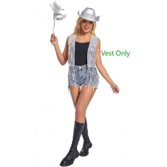Silver Sequin Fringe Vest - L/XL Silver Sequin Fringe Vest - L/XL