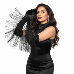 Black Long Satin Fringe Gloves