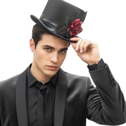 Black Top Hat with Red Rose