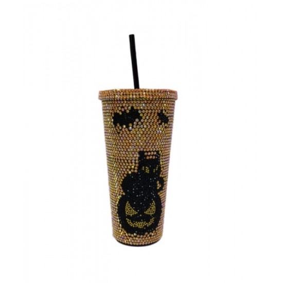 Orange Rhinestone Black Cat Tumbler