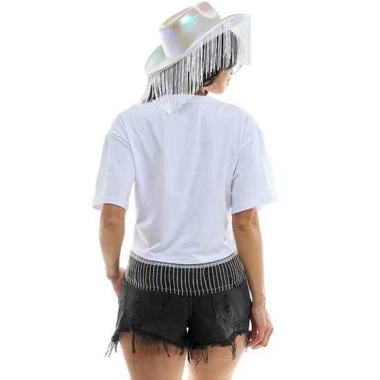 White Cropped Rhinestone Fringe Tee - S/M
