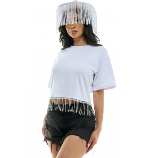 White Cropped Rhinestone Fringe Tee - S/M