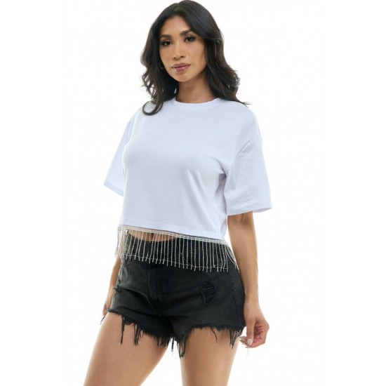 White Cropped Rhinestone Fringe Tee - S/M