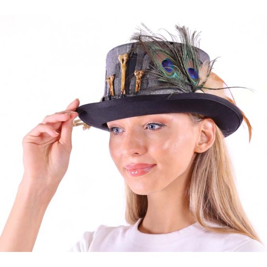 Peacock Feather and Bone Top Hat