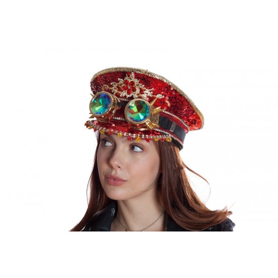 Red Sequin Captain Hat with Goggles