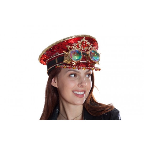 Red Sequin Captain Hat with Goggles
