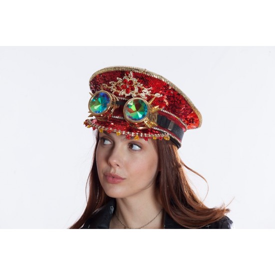 Red Sequin Captain Hat with Goggles