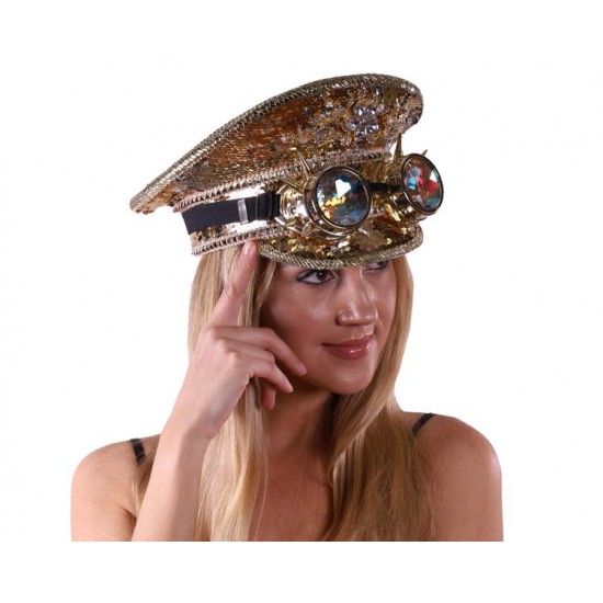 Gold Sequin Captain Hat with Goggles