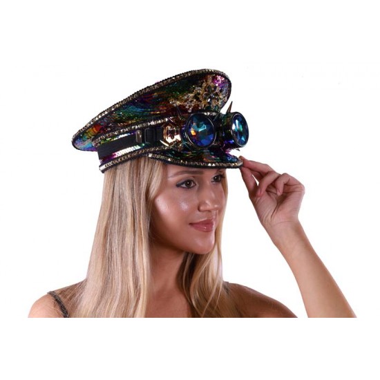 Rainbow Sequin Captain Hat with Goggles
