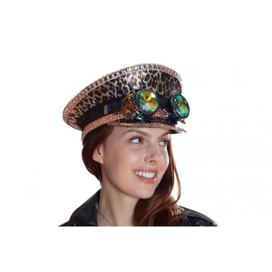 Leopard Sequin Captain Hat with Goggles