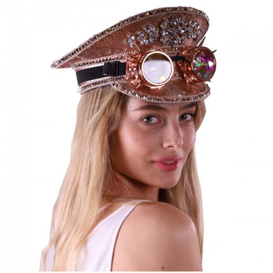 Rose Gold Sequin Captain Hat with Goggles