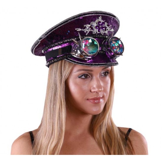 Purple Sequin Captain Hat with Goggles