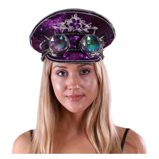 Purple Sequin Captain Hat with Goggles