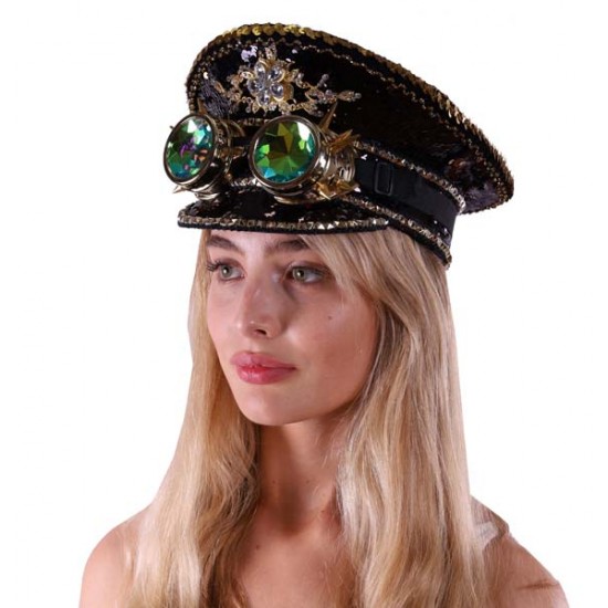 Black Sequin Captain Hat with Goggles