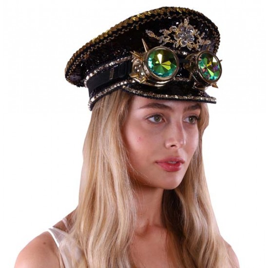 Black Sequin Captain Hat with Goggles