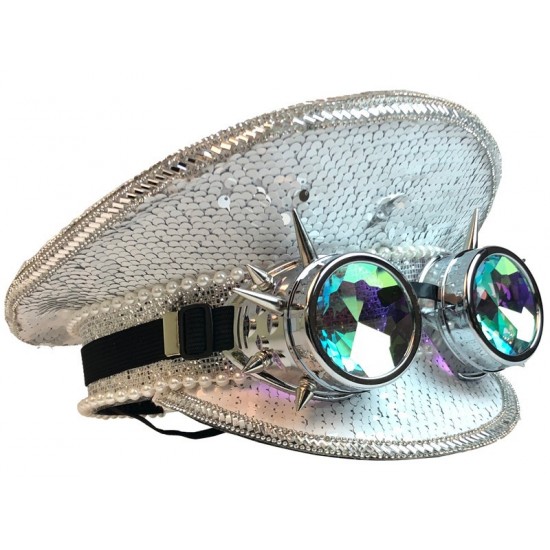 White Sequin Captain Hat with Goggles