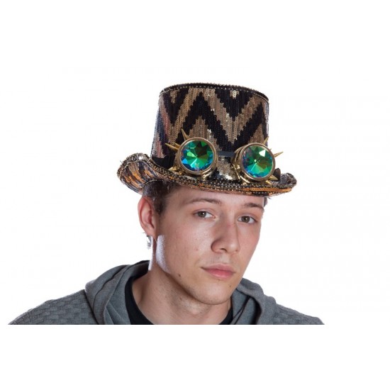Black and Gold Sequin Top Hat with Goggles