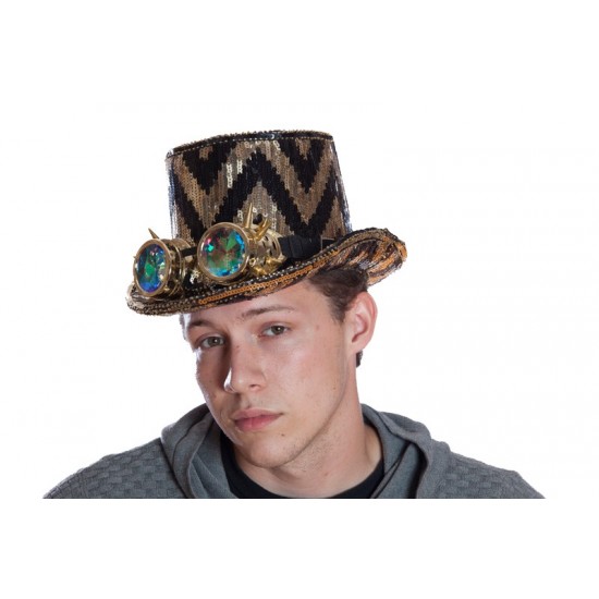 Black and Gold Sequin Top Hat with Goggles