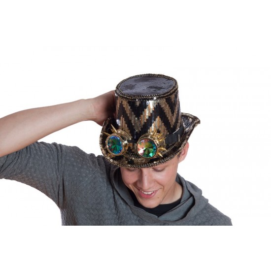Black and Gold Sequin Top Hat with Goggles