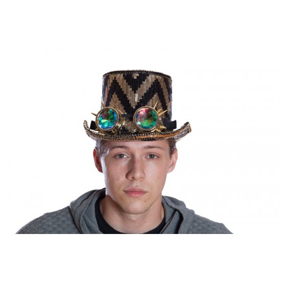 Black and Gold Sequin Top Hat with Goggles