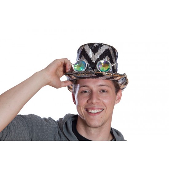 Black and Silver Sequin Top Hat with Goggles