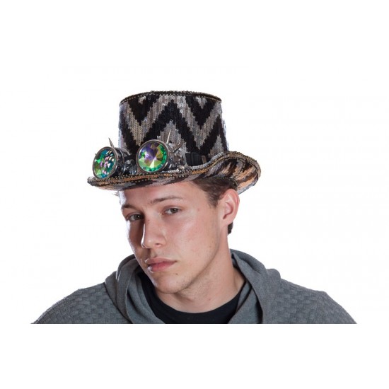 Black and Silver Sequin Top Hat with Goggles