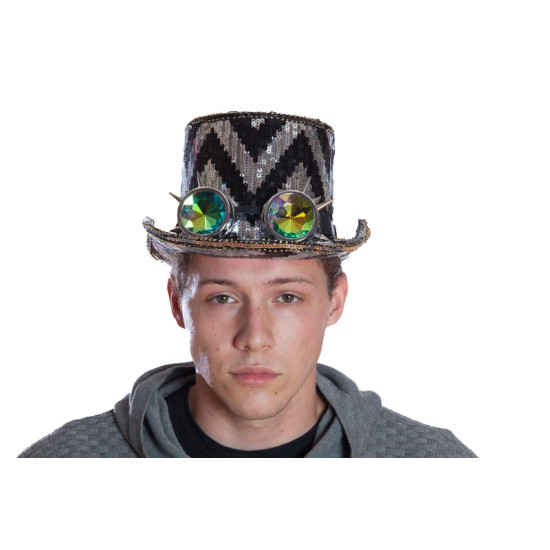 Black and Silver Sequin Top Hat with Goggles