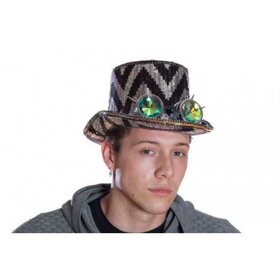Black and Silver Sequin Top Hat with Goggles
