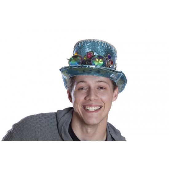 Light Blue Sequin Top Hat with Goggles