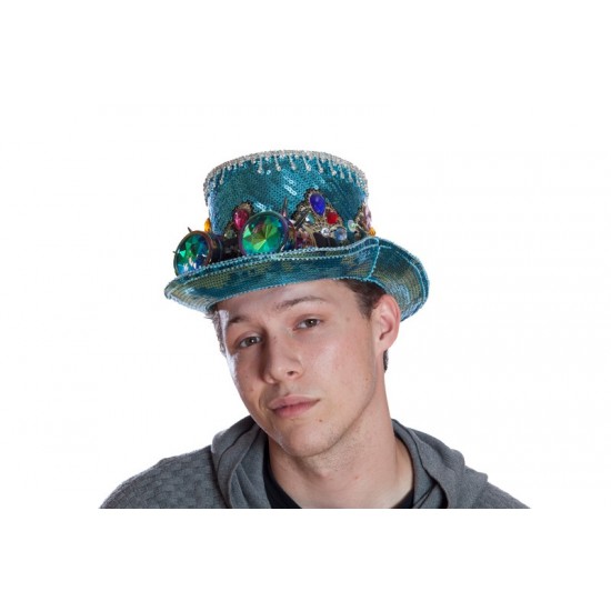 Light Blue Sequin Top Hat with Goggles