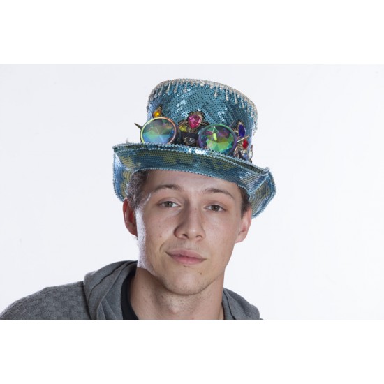 Light Blue Sequin Top Hat with Goggles