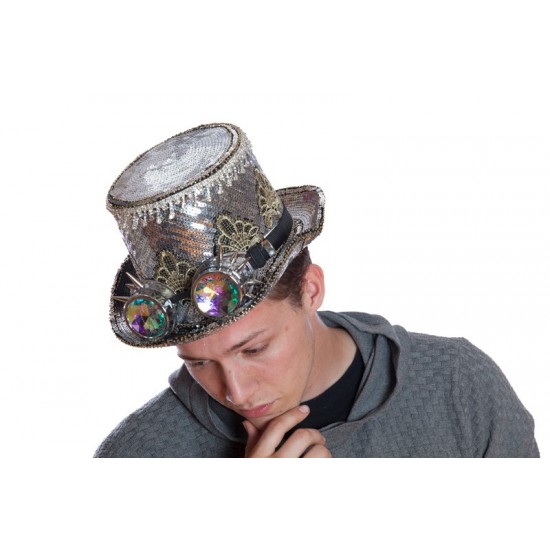 Silver Sequin Top Hat with Goggles
