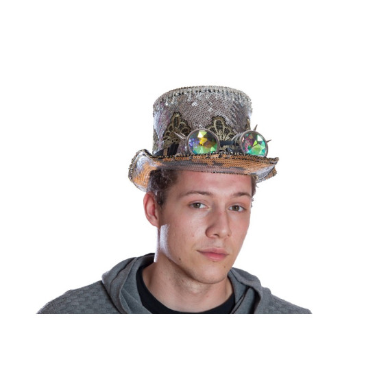Silver Sequin Top Hat with Goggles