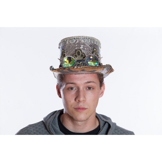 Silver Sequin Top Hat with Goggles