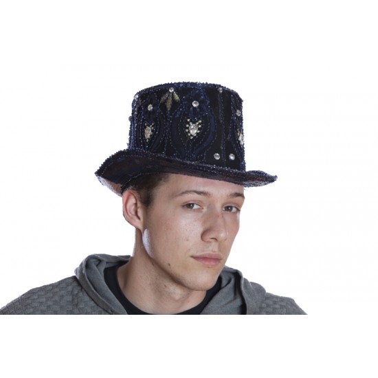 Navy Blue Sequin Top Hat with Gems