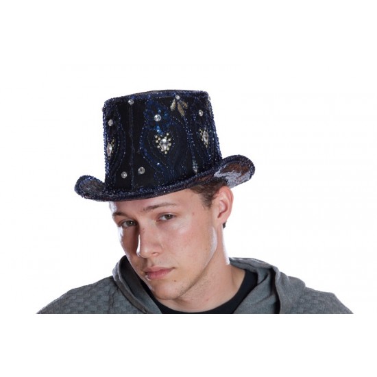 Navy Blue Sequin Top Hat with Gems