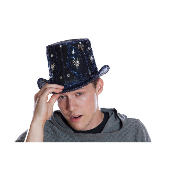 Navy Blue Sequin Top Hat with Gems