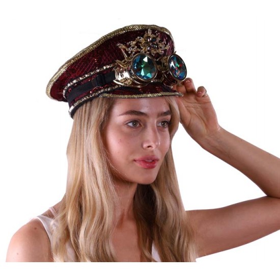 Burgundy Captain Hat with Goggles