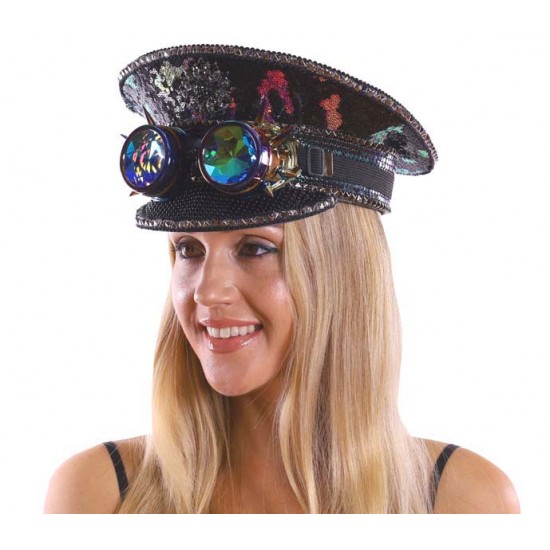 Iridescent Black Captain Hat with Goggles