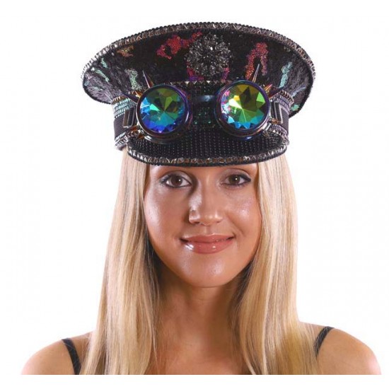 Iridescent Black Captain Hat with Goggles