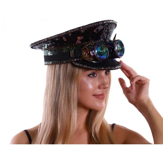 Iridescent Black Captain Hat with Goggles