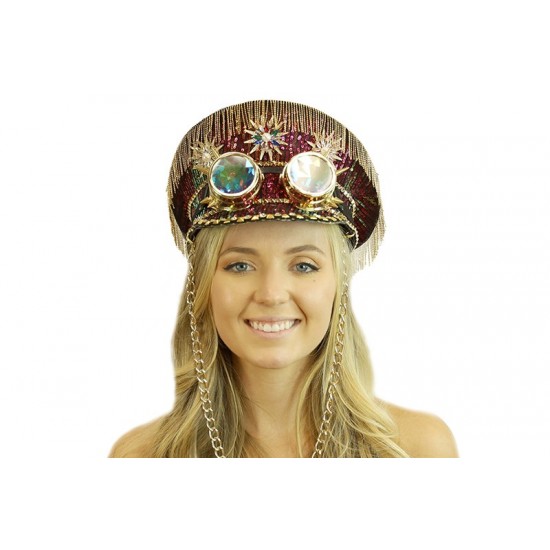 Burgundy Captain Hat with Goggles and Chain