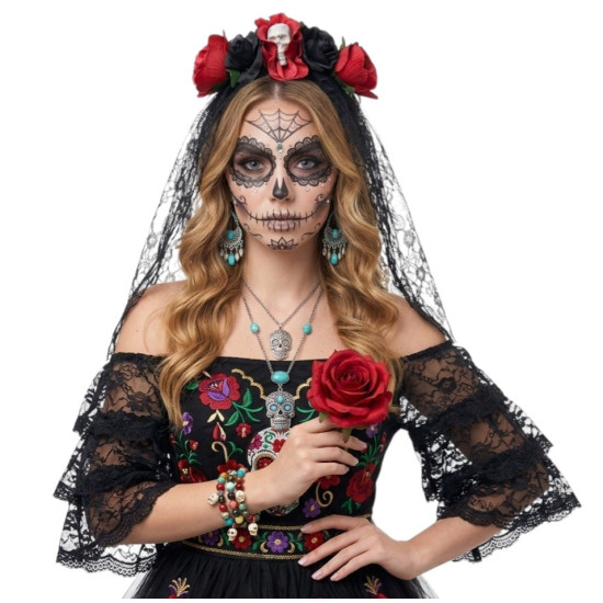 Red Floral Veil Headband