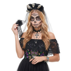 Black Skull Floral Veil Headband