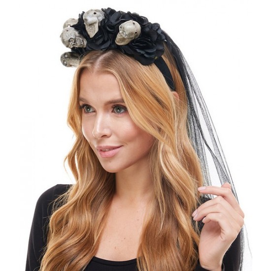 Black Skull Floral Veil Headband