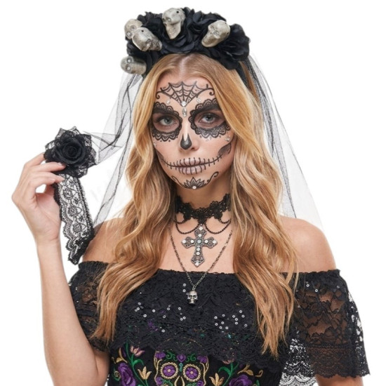Black Skull Floral Veil Headband