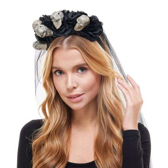 Black Skull Floral Veil Headband